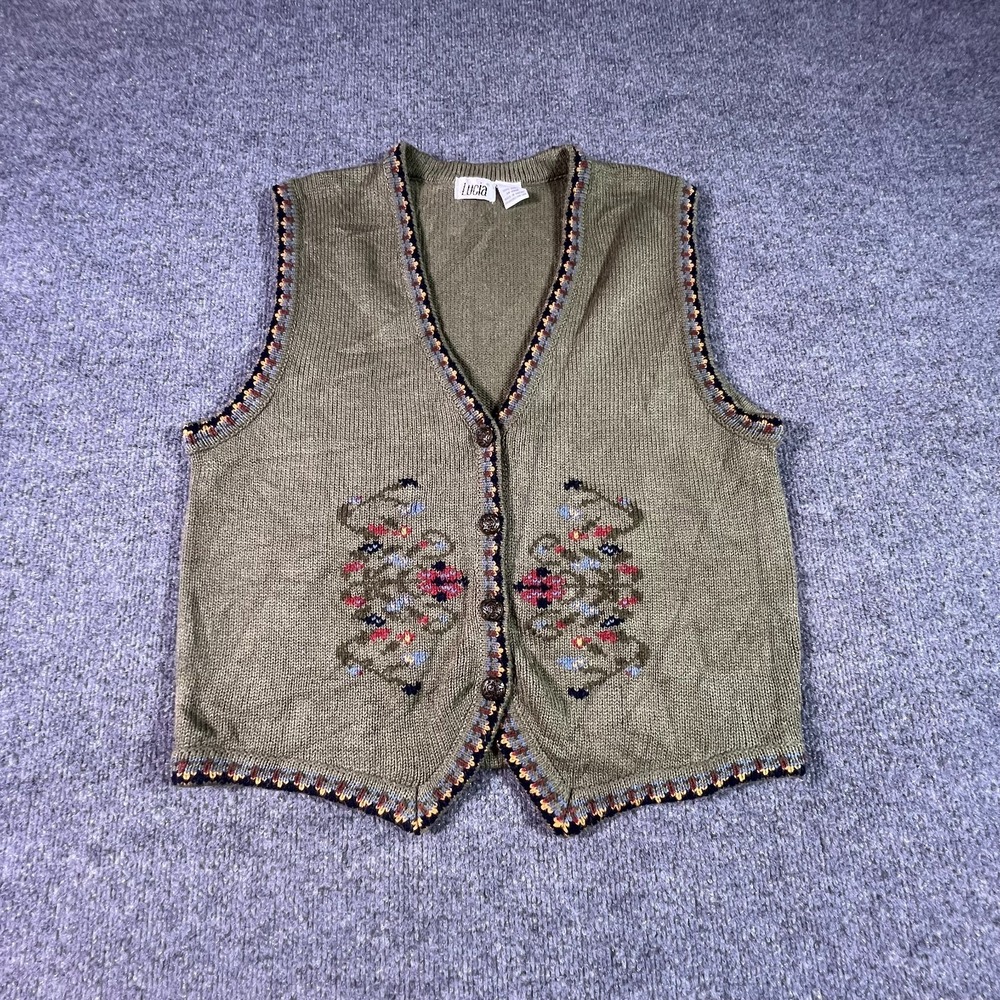 VTG Lucia Cardigan Sweater Vest Womens L Brown Floral Knit 4-F549885/50